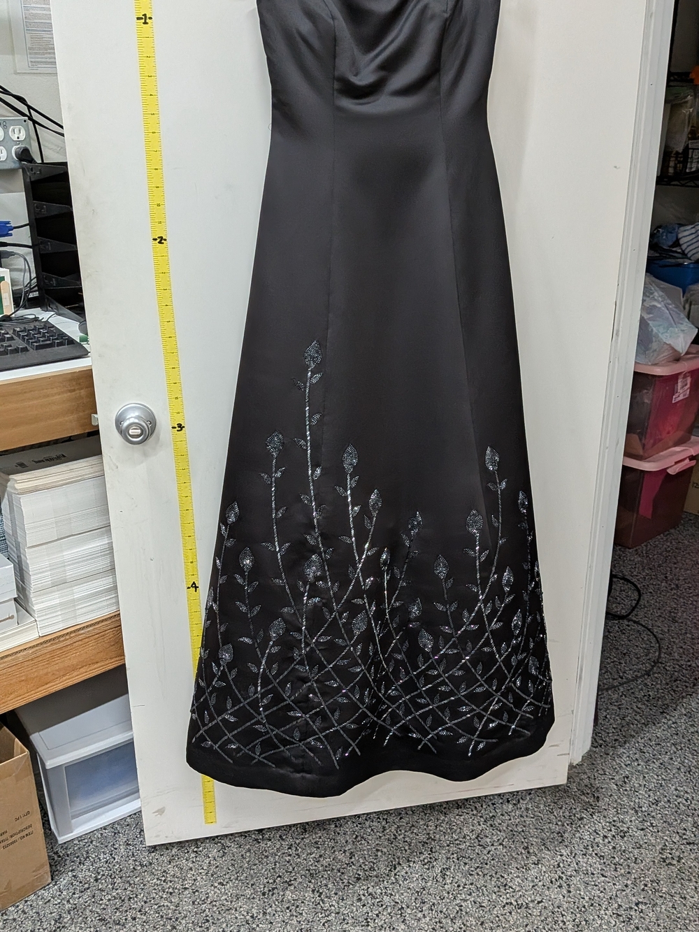 Basix Il Black Embroidered Satin A-Line Evening Dress.